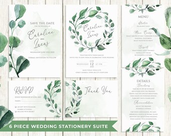 Green wedding invite suite, greenery wedding invitation, wreath wedding invite set, spring wedding invite, budget wedding, diy wedding