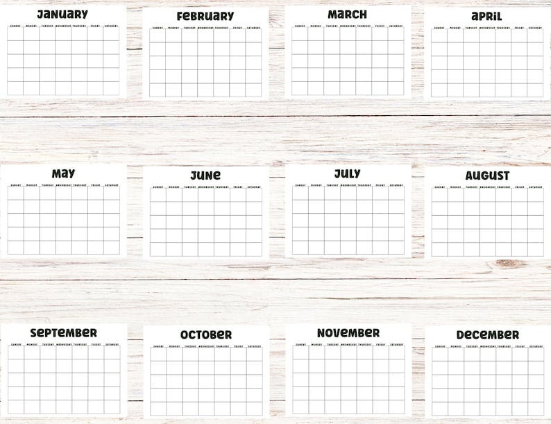 12 Month Printable Blank Calendar| Monthly Calendar Printable | 12 ...