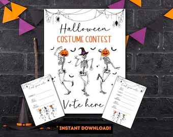 May include: A Halloween Costume Contest sign with the text "Halloween Costume Contest" and "Vote here". The sign features dancing skeletons with pumpkin and witch hat decorations. Includes voting cards and a witch hat.