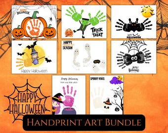 May include: A set of printable Halloween handprint art cards. The cards feature various Halloween themes, including a witch, a spider, a ghost, and a pumpkin. The text on the cards includes "Happy Halloween", "Trick or Treat", "Spooky Vibes", and "Happy Halloween Season".