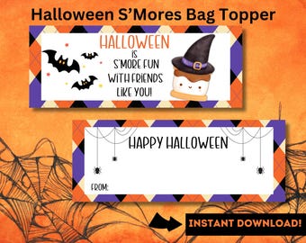 Halloween Tags Printable for Smores, Halloween Party Favor Tags, S'mores Treat Bag Toppers, No Tricks Just S'more Treats, Classroom Gift Tag