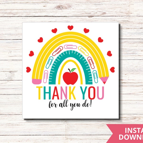 Thank You For All You Do Tag | Teacher Appreciation Week | Thank You Gift Tags |  Rainbow Teacher Tag