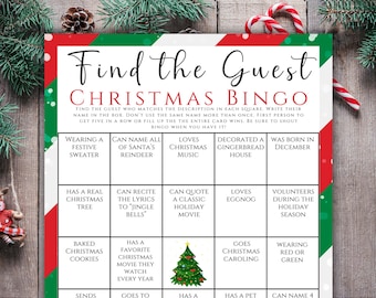 May include: A Christmas Bingo game card with a red and green striped background. The card has a grid of 25 squares with different Christmas-themed prompts, such as "Wearing a Festive Sweater", "Can Name All of Santa's Reindeer", "Loves Christmas Music", "Decorated a Gingerbread House", "Was Born in December", "Has a Real Christmas Tree", "Can Recite the Lyrics to "Jingle Bells", "Can Quote a Classic Holiday Movie", "Loves Eggnog", "Volunteers During the Holiday Season", "Baked Christmas Cookies", "Has a Favorite Christmas Movie They Watch Every Year", "Goes Christmas Caroling", "Wearing Red or Green", "Sends", "Goes To", "Has a", "Has a Pet", and "Can Name 4".