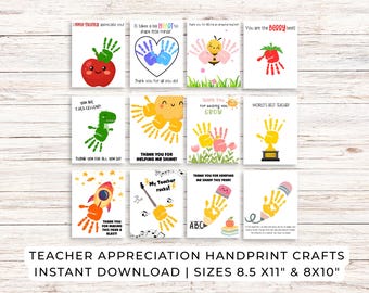 May include: A collection of teacher appreciation handprint crafts. Designs include an apple, heart, bee, strawberry, dinosaur, sun, trophy, rocket, guitar, and pencil. Text includes "Thank you" messages and "Teacher Appreciation Handprint Crafts".