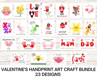 May include: A set of 23 printable Valentine's Day handprint art craft designs. The designs feature various themes, including love, family, and friendship. The designs are perfect for creating personalized gifts or decorations.