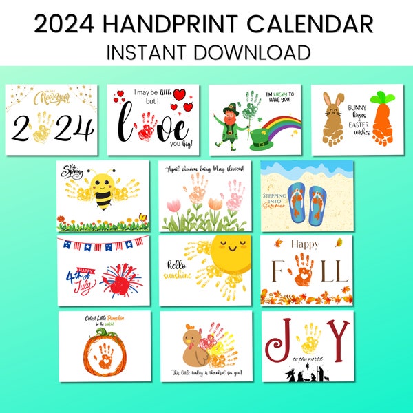 2024 Handprint Footprint calendar, 12 Month Handprint art craft memory keepsake, kids, baby, toddler, preschool, daycare activity,