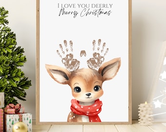 Reindeer Handprint Art Craft, Christmas baby toddler craft keepsake, Printable Christmas Card