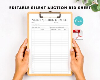 May include: A wooden clipboard holds a white "SILENT AUCTION BID SHEET" with fillable fields for item, value, and bids. The text "EDITABLE SILENT AUCTION BID SHEET" is at the top. A PDF icon and Canva logo are visible.
