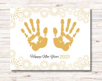 May include: White card with two gold handprints and a gold firework border. The text "Happy New Year 2025" is printed in black.