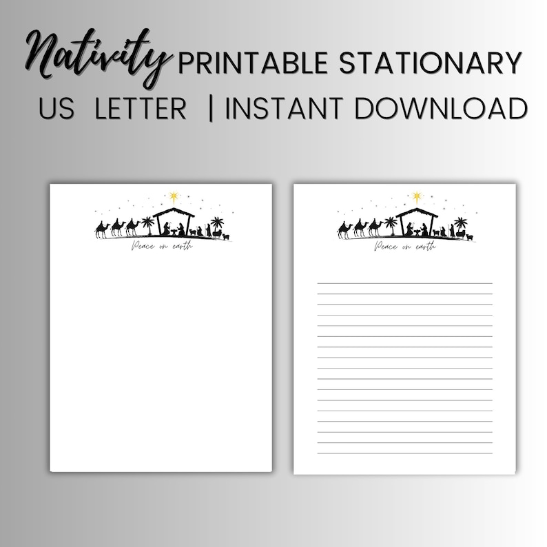 Puede incluir: Papeler&iacute;a imprimible con una silueta en blanco y negro de la escena de la natividad con el texto "Peace on earth". La papeler&iacute;a es de tama&ntilde;o carta de EE. UU.