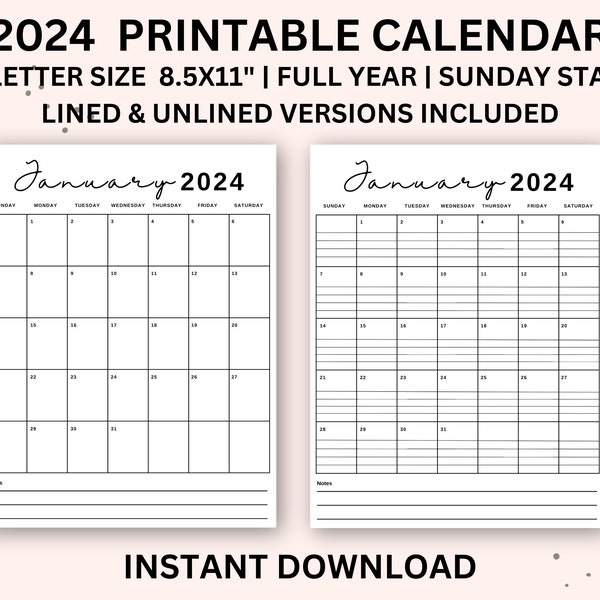 2024  Calendar Printable Portrait| Monthly Calendar with Lines| Monthly Calendar Vertical | Lined monthly Calendar|
