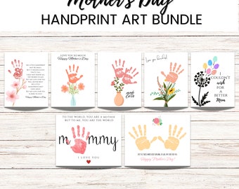 May include: Seven printable Mother's Day cards featuring handprint art designs. The cards include various messages, such as "Love you so much", "I couldn't wish for a better Mom", and "To the world, you are a mother, but to me, you are the world".