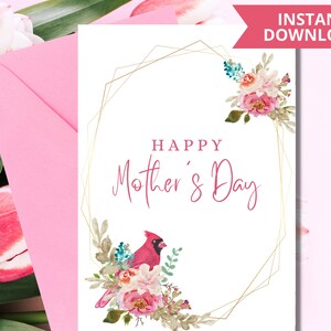 Cartão de feliz dia das mães para impressão para mamãe | Cartão de Dia das Mães para imprimir pdf| Cartão floral imprimível | Cartão Pássaro Cardeal Vermelho