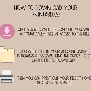 May include: A pink download arrow icon, a yellow folder icon, and a grey printer icon with instructions on how to download and print a printable file.