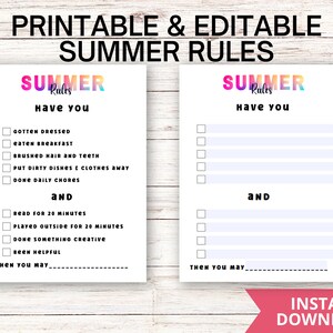 Summer Rules Printable | Summer Routine| Summer Screen Time Rules| Summer Rules Checklist | Summer Break | Summer Rules for Kids | Editable