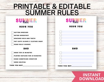 Regole estive stampabili / Routine estiva / Regole estive sullo schermo / Elenco di controllo delle regole estive / Pausa estiva / Regole estive per bambini / Modificabile