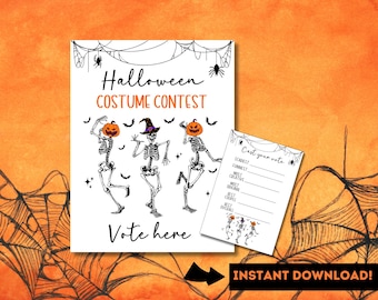 May include: A Halloween Costume Contest printable set. The main image features dancing skeletons with pumpkin heads, bats, and spiderwebs. Text reads "Halloween Costume Contest" and "Vote here." A smaller card says "Cast your vote."