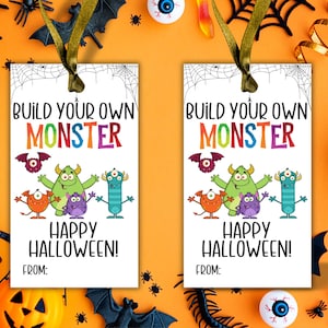 Crea tu propio monstruo, etiqueta de regalo imprimible para Halloween, adorno para bolsa de monstruo, golosina sin caramelos, etiquetas de regalo de Halloween