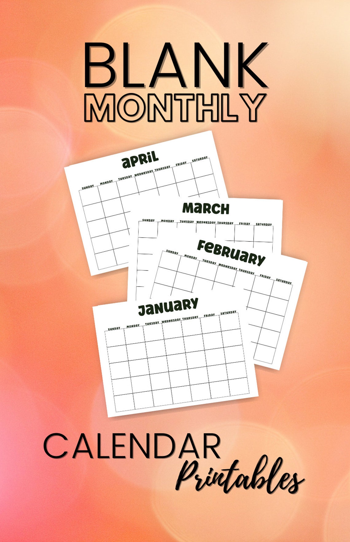 12 month printable blank calendar monthly calendar printable etsy