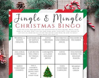 May include: A Christmas Bingo game card with a red and green striped border. The card has a grid of 25 squares with different Christmas-themed activities or characteristics.  The title of the card is "Jingle & Mingle Christmas Bingo".