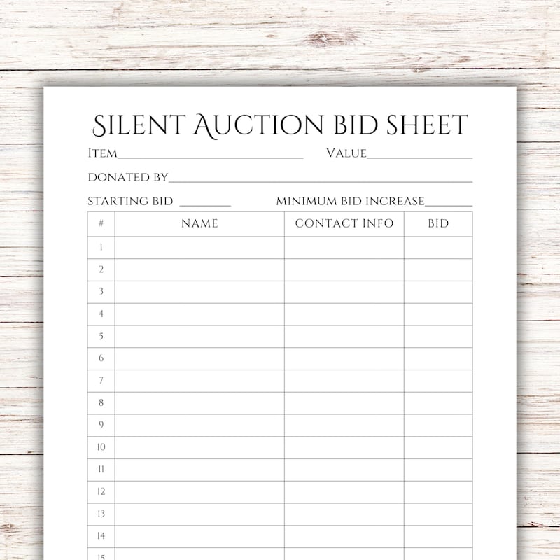 Silent Auction Bid Sheet Etsy Silent Auction Bid Sheet Etsy