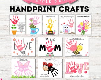 May include: Eleven printable Mother's Day handprint craft designs featuring various themes, including flowers, an owl, a bee, a butterfly, and a ladybug. Each design is 8x10 inches and includes the text "Happy Mother's Day".