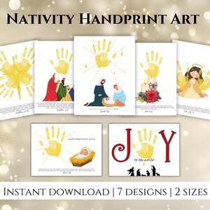 May include: Seven printable designs for a nativity handprint art project. Each design features a different scene from the nativity story, including the star of Bethlehem, the three wise men, and the angel Gabriel. The designs are perfect for creating a personalised Christmas keepsake.
