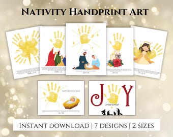 May include: Seven printable designs for a nativity handprint art project. Each design features a different scene from the nativity story, including the star of Bethlehem, the three wise men, and the angel Gabriel. The designs are perfect for creating a personalized Christmas keepsake.