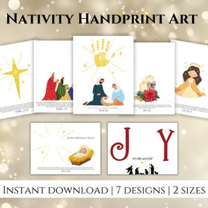 May include: Printable Nativity handprint art with seven designs, including a star, a handprint, a nativity scene, a candle, an angel, a baby Jesus, and the word "Joy".