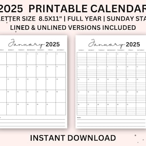 Op de afbeelding: Printbare kalender voor 2025 in US Letter formaat (8,5 x 11 inch). De kalender begint op zondag en bevat gelijnde en ongelijnde versies. De afbeelding toont de maand januari.