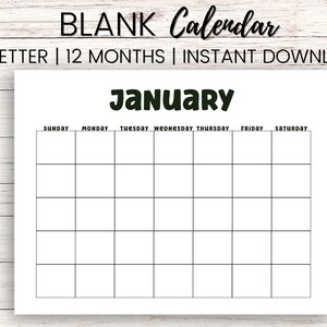 12 Month Printable Blank Calendar| Monthly Calendar Printable | 12 ...