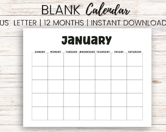 12 Month Printable Blank Calendar| Monthly Calendar Printable | 12 Month Blank Calendar | Blank Calender |Printable Calender