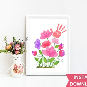 Flower Handprint Art Keepsake| Handprint Gift for mom or grandma| Toddler Handprint| Baby Handprint Art| Kids Handprint| Handprint Memory|