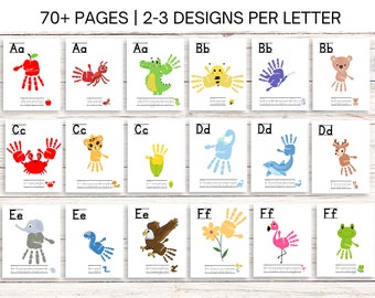 Könnte beinhalten: Ein Satz druckbarer Alphabet-Aktivitätsseiten mit Handabdruck-Tierdesigns. Jede Seite enthält einen Buchstaben, ein Tier und eine leere Zeile zum Schreiben des Tiernamens. Die Tiere umfassen einen Apfel, eine Ameise, einen Alligator, eine Biene, einen Schmetterling, einen Bären, eine Krabbe, einen Geparden, Mais, einen Dinosaurier, einen Delfin, einen Hirsch, einen Elefanten, einen Aal, einen Adler, eine Blume, einen Flamingo und einen Frosch.