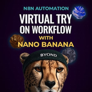 以下が含まれることがあります： 「BYOND」の文字が入った黒いビーニー帽をかぶったチーターのデジタル広告。「N8N AUTOMATION」と「VIRTUAL TRY ON WORKFLOW WITH NANO BANANA」の文字。抽象的な3Dシェイプが背景に浮かんでいます。