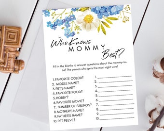 Baby Shower Game | Printable Who Knows Mommy Best Game | Blue Flower Design