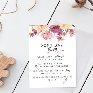 Baby Shower Game | Don&#39;t Say Baby Printable Sign | Pink Flower Themed | Shower for a Girl