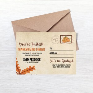 de carte postale modifiable de Thanksgiving | Invitation de fête des amis | Faire-part numérique pour le dîner de Thanksgiving en famille