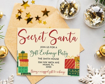 May include: A festive invitation for a Secret Santa gift exchange party. The invitation features a red and green illustration of wrapped gifts and the text "Secret Santa" in red and white. The text "Join us for a Gift Exchange Party" is in red and green. The invitation also includes the address "The Smith House, 5261 NW 198th Ave, Miami, FL 33122" and the instruction "Bring a wrapped gift to exchange".