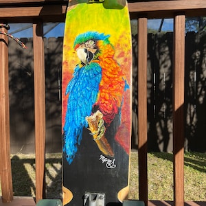 May include: A longboard skateboard featuring a vibrant painting of a macaw parrot. The artwork showcases the bird's blue, orange, and green plumage against a yellow and red background. The board has clear wheels and silver trucks.