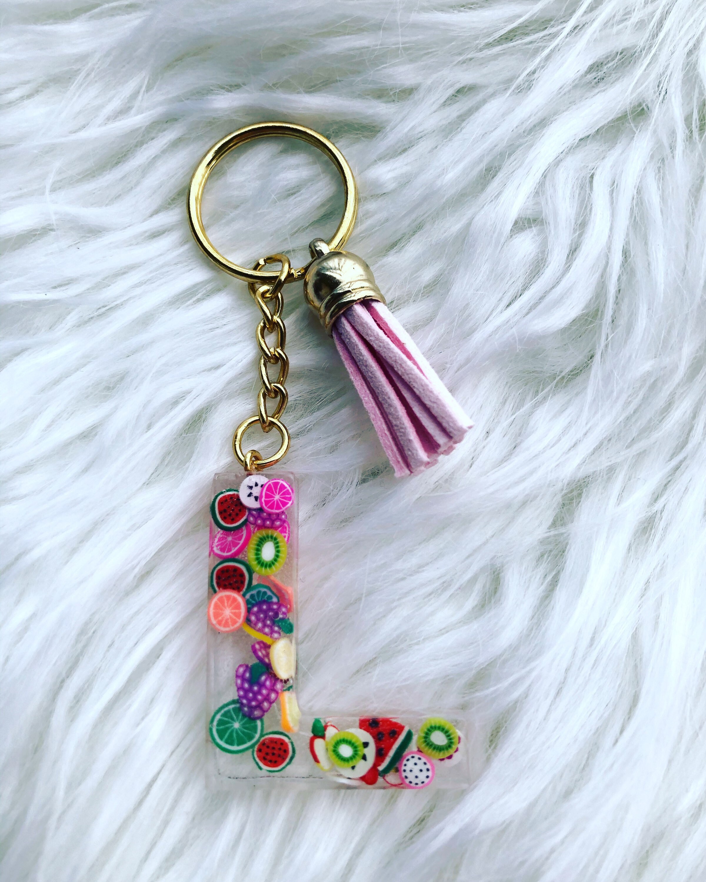 Keychain epoxy resin fruits goldletter L keychain cute Etsy