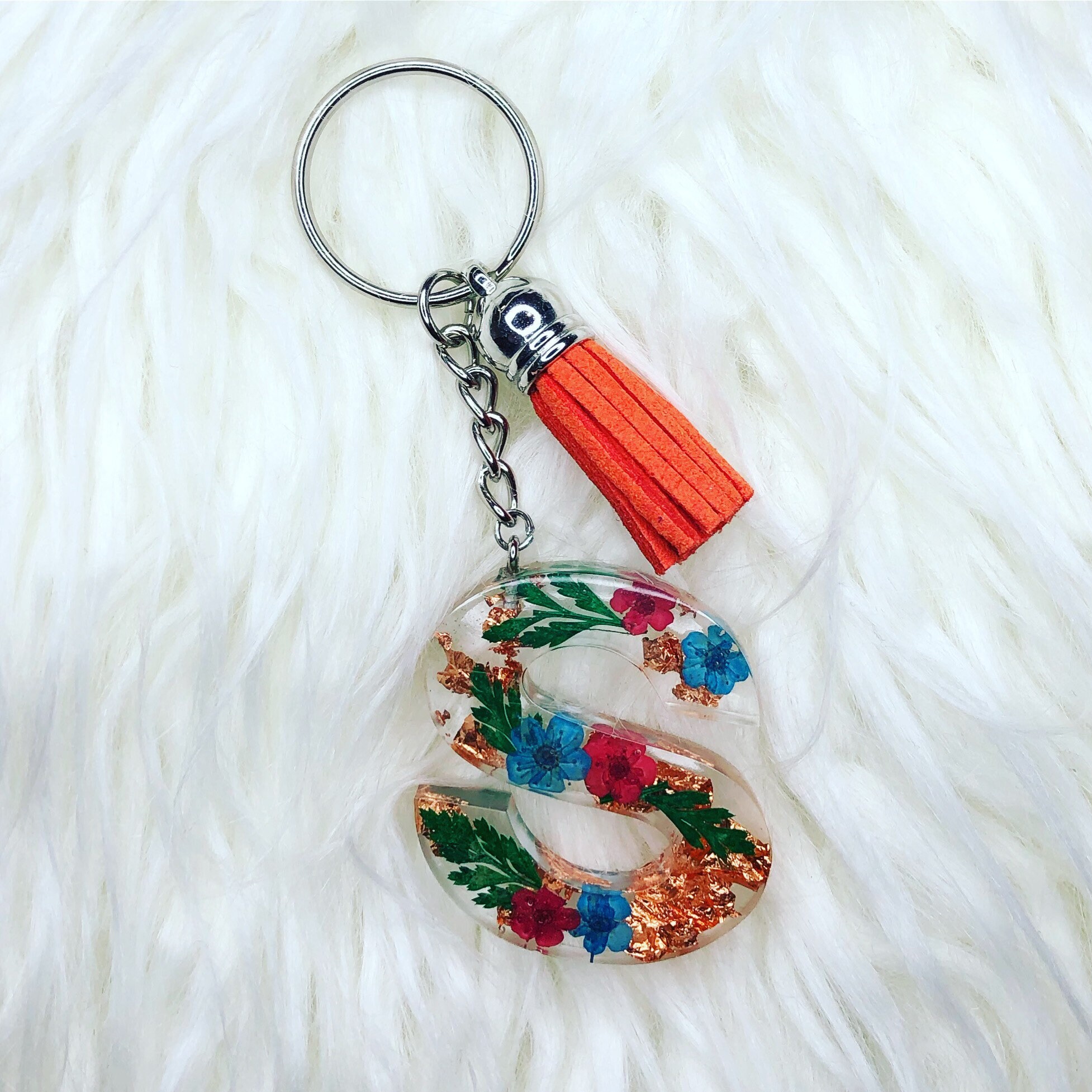 Keychain epoxy resin flowers letter S keychain cute Etsy