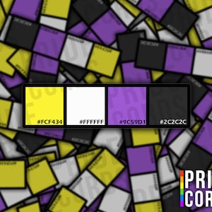 May include: A digital illustration of a pride flag color palette with the hex codes for each color: yellow (#FCF434), white (#FFFFFF), purple (#9C59D1), and black (#2C2C2C). The image is a pattern of squares in the colors of the pride flag.