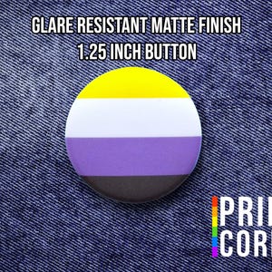 May include: A round, non-binary pride button with a matte finish. The button is 1.25 inches in diameter and features a design with yellow, white, purple, and black horizontal stripes. The text "GLARE RESISTANT MATTE FINISH 1.25 INCH BUTTON" is printed on the top.