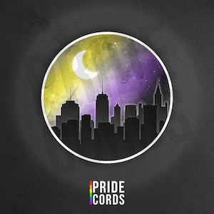 May include: A round graphic featuring a cityscape silhouette under a yellow and purple sky with a crescent moon. The graphic is set against a dark gray background. The text "PRIDE CORDS" is at the bottom with a rainbow color scheme.