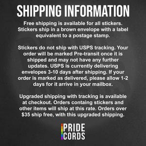 shipping information that provides details about shipping options for stickers. It mentions that free shipping is available for all stickers, and stickers are shipped in a brown envelope with a label equivalent to a postage stamp. The text also informs that stickers do not ship with USPS tracking, and the order will be marked Pre-transit once it is shipped and may not have any further updates. The image is a single, unbroken scene with no additional text or images.