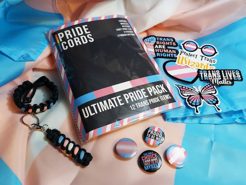 Ultimate Trans Pride Pack Flag Bracelet Stickers Keychain Buttons Transgender LGBT Gift image 1