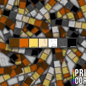 May include: Abstract geometric pattern with a color palette of brown, orange, yellow, beige, white, gray, and black. The pattern is made up of squares and rectangles that are arranged in a random order. The image includes the text "PRIDE CORDS".
