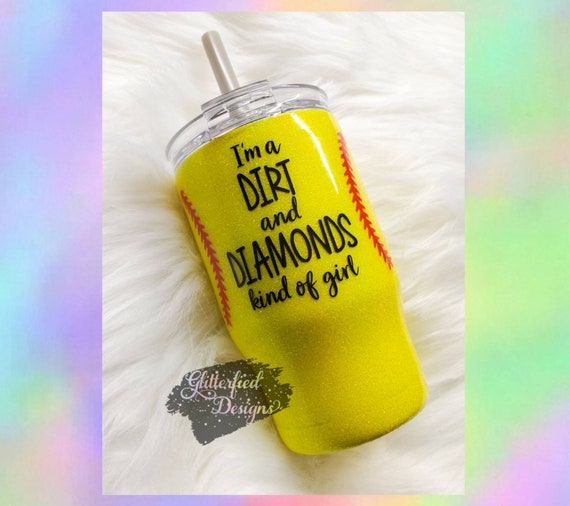 neon yellow softball cup Dirt on my diamonds softball tumbler girls sports tumbler