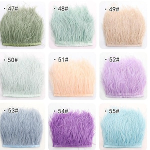 Puede incluir: Nueve muestras de ribete de plumas en varios colores, incluyendo verde, azul claro, beige, melocot&oacute;n, lavanda y azul claro. Cada muestra est&aacute; etiquetada con un n&uacute;mero del 47 al 55.